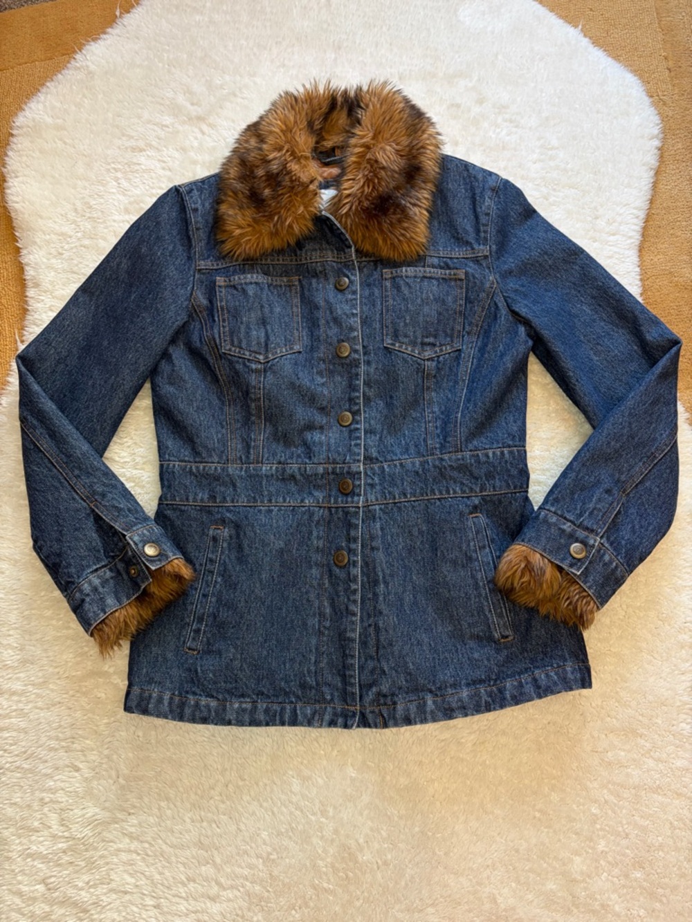 Nine West dark wash tailored brown faux fur warm denim jacket coat